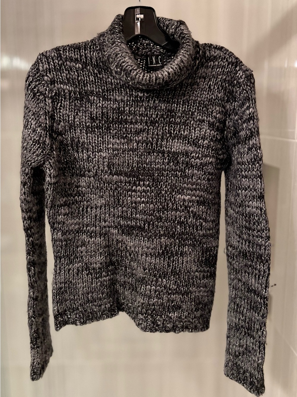 INC International Concepts Chunky Knit Cowl Neck Sweater Marled Charcoal Grey